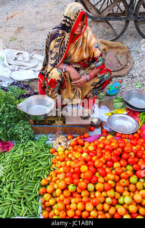 Lokale Frau verkaufen Gemüse auf dem Wochenmarkt in Jaipur, Indien. Jaipur ist die Hauptstadt und die größte Stadt im indischen Bundesstaat Rajasthan. Stockfoto
