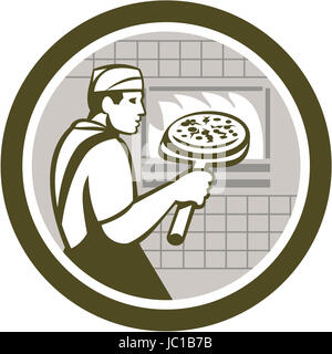 Illustration der Bäcker Pizzabäcker hält eine Schale mit Pizza Pie in einen Steinofen von Seite getan im retro-Stil auf weißem Hintergrund isoliert betrachtet. Stockfoto