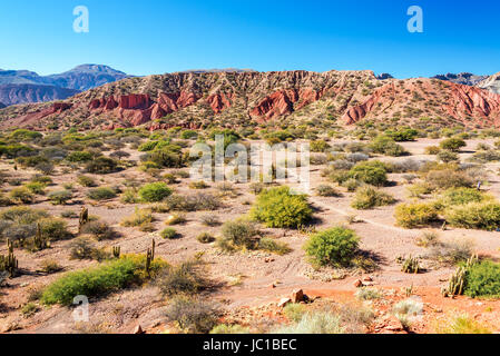 Blick auf eine dramatische rote und grüne Wüste in Tupiza in Südbolivien Stockfoto