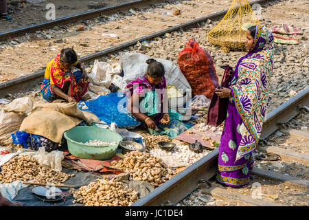 Frauen verkaufen Gemüse und Gewürze zwischen den Gleisen im Park Circus railway station Stockfoto