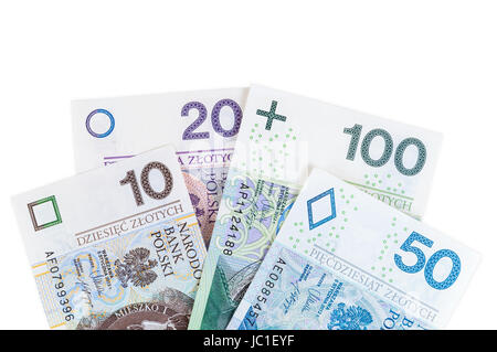 Satz von polnischen Zloty neue Banknoten isoliert auf weißem Hintergrund mit Beschneidungspfad Stockfoto