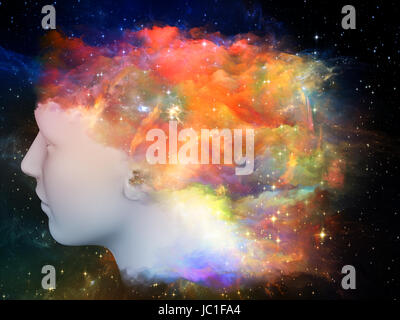 Bunte Mind-Serie. Abstrakte Muster des menschlichen Kopfes und Fraktale Farben zum Thema träumen, denken, Bewusstsein, Geist und Phantasie gemacht Stockfoto