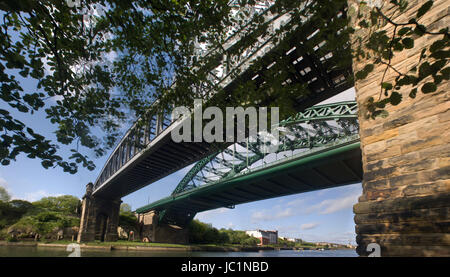 Wearmouth Straßen- und Eisenbahnbrücken über den Fluss tragen. Sunderland Stockfoto