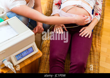 Hebamme Exanimating Bauch der Schwangeren mit CTG Scannen in der Praxis Stockfoto