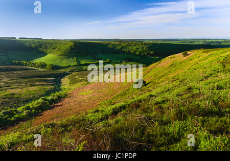 Loch des Horcum in den North York Moors mit Blick auf Ackerland, Moor und Vegetation an einem feinen Frühlingsmorgen in der Nähe von Goathland, Yorkshire, Großbritannien. Stockfoto