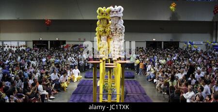 Panama-Stadt. 12. Juni 2017. Foto aufgenommen am 25. Januar 2009 zeigt Löwen Tänzerinnen und Tänzer aus der südchinesischen Provinz Guangdong während ein Chinese Lunar New Year fest in Panama-Stadt, Hauptstadt von Panama. Panamaische Präsident Juan Carlos Varela kündigte am 12. Juni 2017 in einer im Fernsehen übertragenen Rede, dass die Republik von Panama und der Volksrepublik China diplomatische Beziehungen aufgenommen haben. Bildnachweis: Wang Pei/Xinhua/Alamy Live-Nachrichten Stockfoto