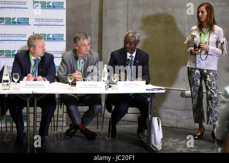 Ostrava, Tschechische Republik. 13. Juni 2017. Sechste Ministerkonferenz der Weltgesundheitsorganisation (WHO) konzentrierte sich auf die Umwelt und Gesundheit in Ostrava, Tschechische Republik, 13. Juni 2017. Von links: Tschechische Gesundheitsminister Miloslav Ludvik, Gouverneur Ivo Vondrak und stellvertretender Exekutivdirektor des Programms der Vereinten Nationen (UNEP) Ibrahim Thiaw an eine Pressekonferenz teilnehmen. Bildnachweis: Jaroslav Ozana/CTK Foto/Alamy Live-Nachrichten Stockfoto