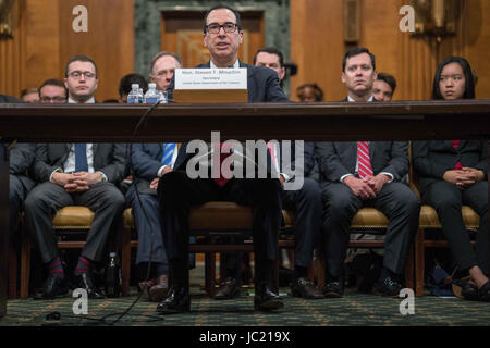 Washington, USA. 13. Juni 2017. Fiskus-Sekretärin Steven Mnuchin bezeugt vor Senat Haushaltsausschusses, das vorgeschlagene Budget Ausschreibung FY2018 und Einnahmen zu untersuchen. Bildnachweis: ZUMA Press, Inc./Alamy Live-Nachrichten Stockfoto