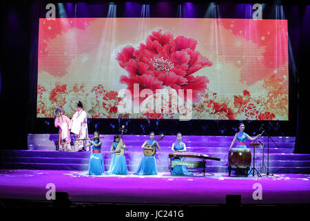 (170613)--? Athen, 13 Juni,? 2017 (Xinhua)--chinesische Künstler aus dem Shanghai Chinese Orchestra während des Konzerts auf der Piräus-Stadttheater in Piräus, Griechenland am 12. Juni 2017 durchführen. Griechischen und chinesischen Publikum haben herzlich zu dem traditionellen Shanghai Chinese Orchestra für die Abhaltung einer exquisiten Konzert mit traditionellen chinesischen Musikinstrumenten sowie magischen Darbietungen am Montagabend in Piräus. Das renommierte Orchester brachten auf die Bühne des Stadttheaters Piräus einen Geschmack der chinesischen Kultur mit den Melodien der Erhu, Pipa und die Gudi Feier Stockfoto