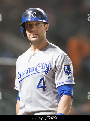 San Francisco, Kalifornien, USA. 13. Juni 2017. Einem fernen Blick nach Streichung, Kansas City Royals linker Feldspieler Alex Gordon (4) während ein MLB-Baseball-Spiel zwischen den Kansas City Royals und die San Francisco Giants am '' Say Hey Dienstag '' im AT&T Park in San Francisco, Kalifornien. Valerie Shoaps/CSM/Alamy Live-Nachrichten Stockfoto