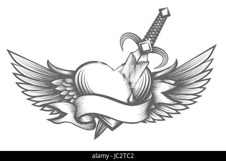 Herz mit Flügeln, durchbohrt von Dolch und Band mit Platz für Ihren Text. Vektor-Illustration im Tattoo-Stil. Stock Vektor