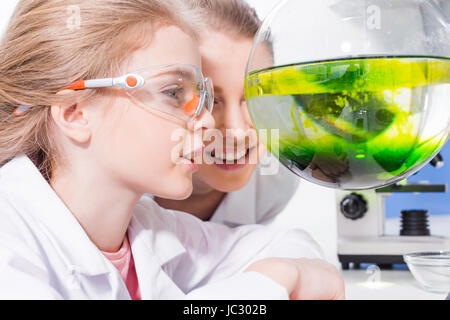 Lehrer und Schüler Chemiker betrachten Kolben mit Reagenzien im Labor lächelnd
