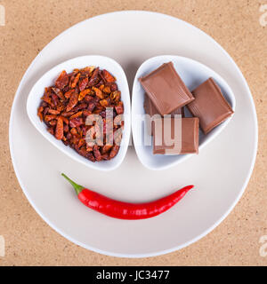 Rote scharfe Chilischoten mit Schokolade auf Teller, in hellem Holz Hintergrund. Stockfoto