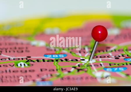 Atlanta-Stadt-Pin auf der Karte Stockfoto