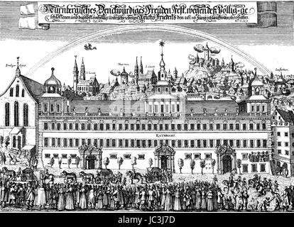 Das Nürnberger Peace Festival im Jahr 1650, nach dem Dreißigjährigen Krieg und der Frieden von Westfalen. Nürnberger Friedensfest, 1650. Der Nürnberger Exekutionstag Oder Friedensexekutionskongress Diente der Klaerung von Fragen, Die Bei der Beendigung des Dreissigjaehrigen Krieges Durch Den Westfaelischen Frieden Offengeblieben Waren, digitale verbesserte Wiedergabe aus einer Publikation des Jahres 1880 Stockfoto