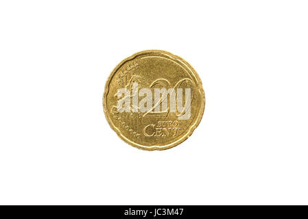 Altes verwendet und 50 Cent Münze abgenutzt. Münze der europäischen Währung für 0,2 Euro isoliert auf weiss. Bild in hoher Auflösung. Stockfoto