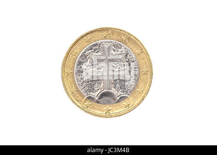 Altes verwendet und 1-Euro-Münze abgenutzt. Münze der europäischen Währung für 1 Euro, isoliert auf weiss. Bild in hoher Auflösung. Stockfoto