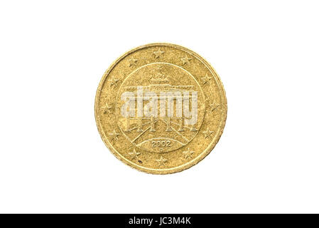 Altes verwendet und 50 Cent Münze abgenutzt. Münze der europäischen Währung für 0,5 Euro isoliert auf weiss. Bild in hoher Auflösung. Stockfoto