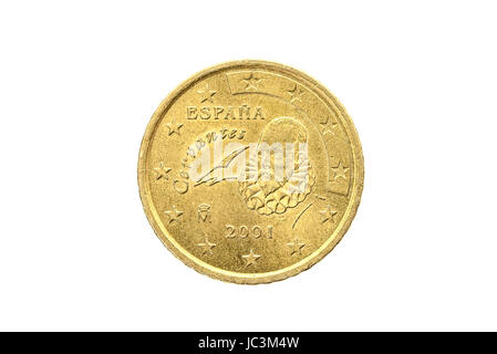 Altes verwendet und 50 Cent Münze abgenutzt. Münze der europäischen Währung für 0,5 Euro isoliert auf weiss. Bild in hoher Auflösung. Stockfoto