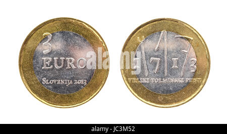 Festschrift Jubiläum Bimetall 3 Euro Slowenien Münze 2013 verwendet. Spezielle drei-Euro-Münze aus Slowenien verschlissen. Stockfoto