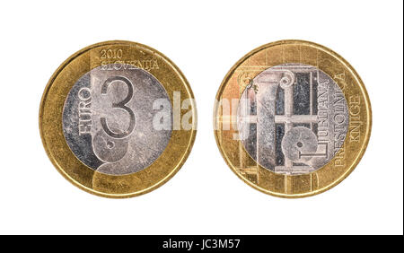 Festschrift Jubiläum Bimetall 3 Euro Slowenien-Münze 2010 verwendet. Spezielle drei-Euro-Münze aus Slowenien verschlissen. Stockfoto