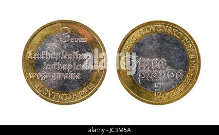 Festschrift Jubiläum Bimetall 3 Euro Slowenien Münze 2015 verwendet. Spezielle drei-Euro-Münze aus Slowenien verschlissen. Stockfoto