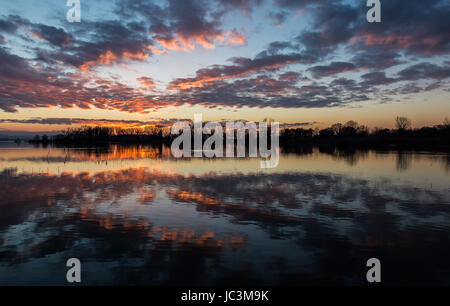 Perfekt symmetrische Reflexionen der Bäume und Himmel auf einem See bei Sonnenuntergang Stockfoto