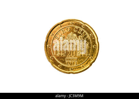 Altes verwendet und 50 Cent Münze abgenutzt. Münze der europäischen Währung für 0,2 Euro isoliert auf weiss. Bild in hoher Auflösung. Stockfoto
