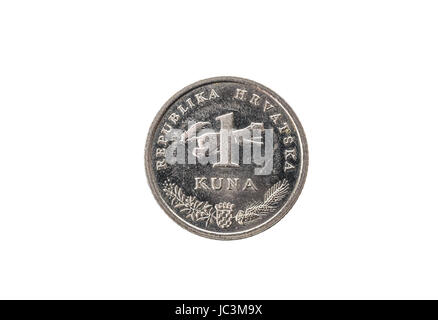 Altes verwendet und 1 Kuna Münze abgenutzt. Münze der kroatischen Währung für eine Kuna isoliert auf weiss. Bild in hoher Auflösung. Stockfoto