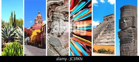 Sammlung von vertikalen Banner mit berühmten Sehenswürdigkeiten von Mexiko - Pyramide des Kukulcan, Basrelief des Maya-Königs Pakal, Glockenturm in Queretaro, atlante Stockfoto