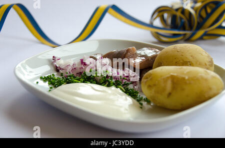 Eingelegter Hering mit neuen Kartoffeln, Schnittlauch, roten Zwiebeln und Sauerrahm auf einem Porzellanteller. Schwedische Urlaub Feier. Traditionelle schwedische Küche während Stockfoto