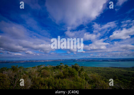 Blick auf Rangitoto Island von North Head an einem sonnigen Tag mit einem schönen blauen Himmel. Stockfoto