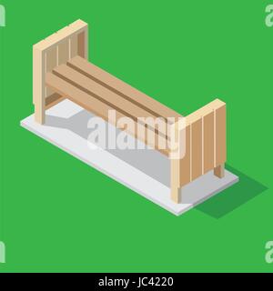 Isolierte Holzbänke für den Park. Isometrische Stil auf grünem Hintergrund. Dekorative Stadt Element - Vektor-Illustration. Stock Vektor