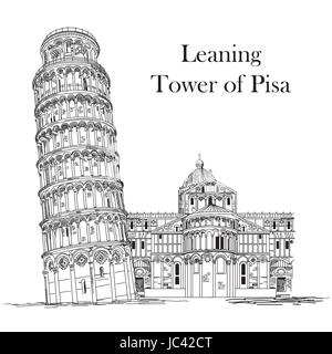 Schiefer Turm von Pisa (Wahrzeichen von Italien) Vektor Handzeichnung Abbildung in schwarz / weiß Stock Vektor