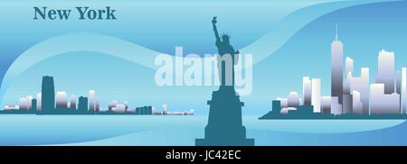 Silhouetten der Wolkenkratzer von New York City und New Yorker Freiheitsstatue bunten Vektor Panorama in blauer Farbe Stock Vektor