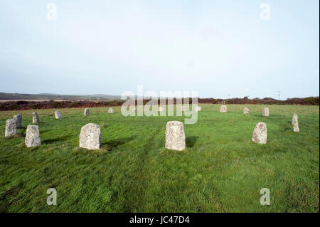 Die Merry Maidens Steinkreis in Cornwall eine der besten erhaltenen neolithischen Kreise in Cornwall mit neunzehn Granit Megalithen Stockfoto