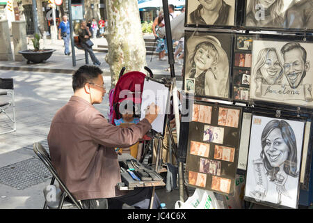 Barcelona, Spanien - 5. Oktober 2016: Asiatische Straße Künstler malen und zeichnen von Karikaturen und Porträts für Touristen im Ramblas in Barcelona, Cataloni Stockfoto