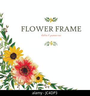 Blumen Kranz orange Dahlie gelb Sonnenblume grün Eukalyptusblätter schöne Herbst Vektor Illustration Draufsicht square Aquarell Design Hochzeit in Stock Vektor
