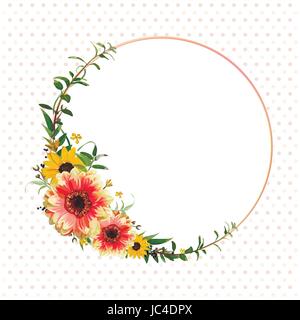 Blume-Kreis um Kranz Blumen gelb orange Dahlia Sonnenblume Eukalyptus Blätter Zweig schöne schöne Herbst Sommer Vektor Illustration quadratische Roses Stock Vektor