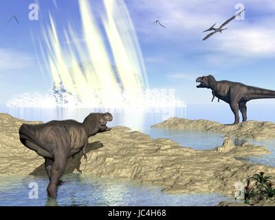 Tyrannosaurus Rex und Pteranodon betrachten Meteoriteneinschlag in Yucatan, Mexiko, die erstellt Chicxulub-Krater und induzierte Ende der Dinosaurier - 3D render Stockfoto