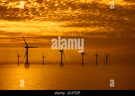 Windkraftanlagen für den Windpark Thorntonbank, Offshore-Windpark vor der belgischen Küste in der Nordsee bei Sonnenuntergang Stockfoto