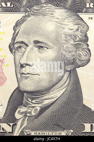 Alexander Hamilton stehen uns 10 oder 10 Dollar bill Makro, USA Geld closeup Stockfoto