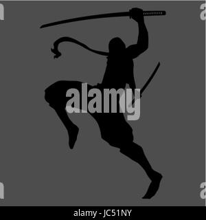 Ninja Samurai Assassin Schatten Shinobi Silhouette Katana Schwert Waffe Tattoo stellen schwarz grau Japan japanische alte antike Slayer Legende Stil Kunst Kunstwerk Stock Vektor