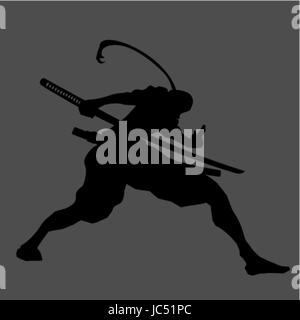 Ninja Samurai Assassin Schatten Shinobi Silhouette Katana Schwert Waffe Tattoo stellen schwarz grau Japan japanische alte antike Slayer Legende Stil Kunst Kunstwerk Stock Vektor