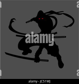 Ninja Samurai Assassin Schatten Shinobi Silhouette Katana Schwert Waffe Tattoo stellen schwarz grau Japan japanische alte antike Slayer Legende Stil Kunst Kunstwerk Stock Vektor