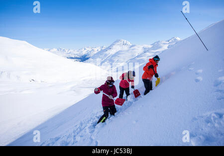 Professionelle Snowboarder, Robin Van Gyn, Marie France Roy und Helen Schettini zeigen richtige Schaufeln Technik, während ein Lawinenrettung an einem sonnigen Tag in Haines, Alaska zu verwenden. Stockfoto