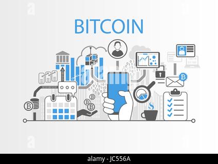 Bitcoin Vektor Hintergrund Illustration mit Hand Smartphone und Symbole Stock Vektor