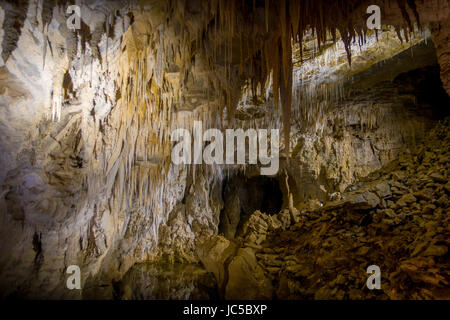 Stalagmiten und Stalaktiten in Ruakuri Höhle, Waitomo in Neuseeland. Stockfoto