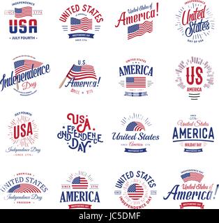 Vereinigte Staaten von Amerika Vektor Logos Vintage festgelegt. Unabhängigkeitstag Nationalfeiertag Symbolsammlung blau und rot Farben USA windigen Fahnen. Retro-Stil Stock Vektor