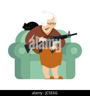 Großmutter mit Gewehr. alte Frau im Lehnstuhl mit Tommy Gun und Katze. Oma mit Gewehr. Schutz der Rentner Stock Vektor